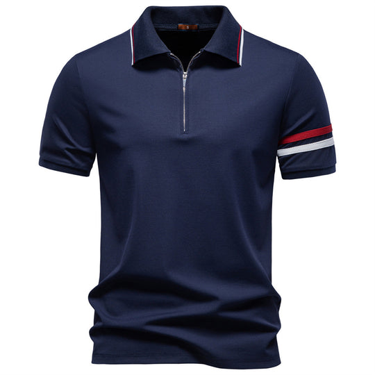 Herren nan atmungsaktives elastisches Poloshirt mit kurzem Reißverschluss und Kontraststreifen an Ärmeln R&B