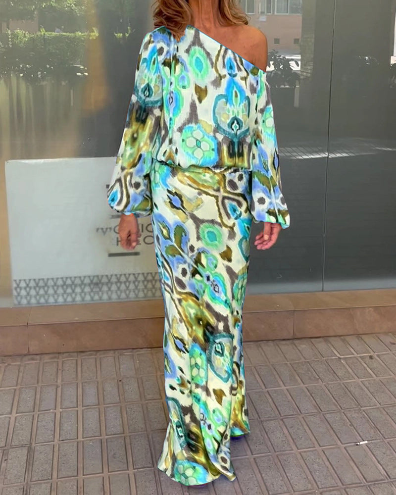 Damen Elegantes Maxikleid im grafischen Batikdesign mit Off-Shoulder-Ausschnitt und voluminösen Ärmeln R&B