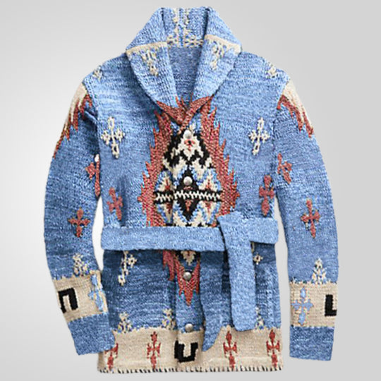 Damen gemütlicher Strickmantel mit dekorativem Muster und praktischem Gürtel R&B