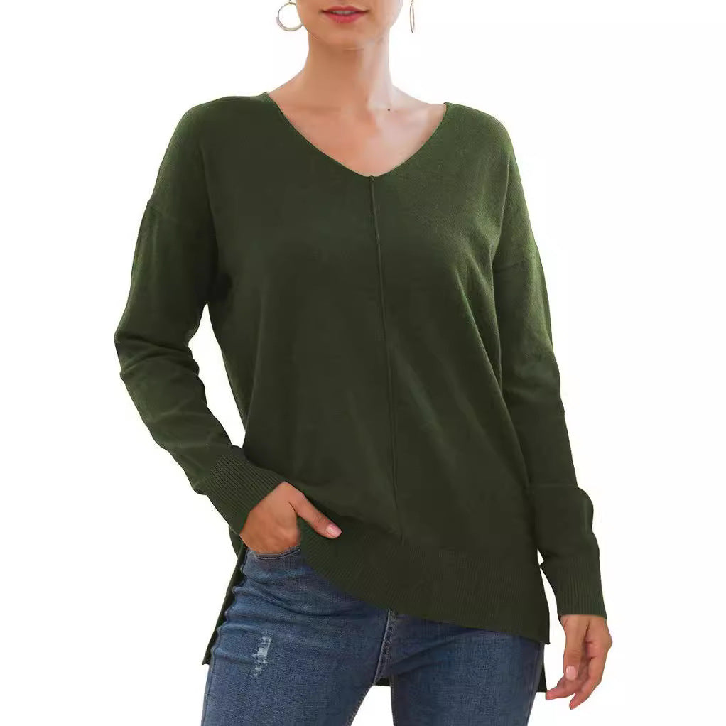 Damen eleganter V-Ausschnitt Pullover mit asymmetrischem Saum R&B