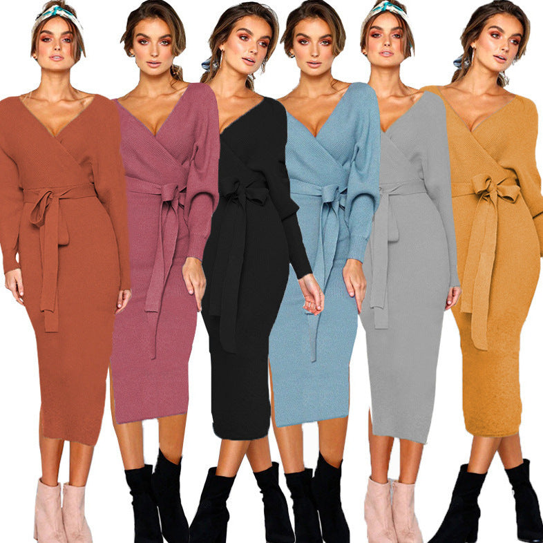 Damen Elegantes Wickelkleid mit tiefem V-Ausschnitt und Taillengürtel R&B