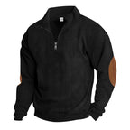Herren nan gerippter Feinstrick-Pullover mit kurzem Reißverschluss Stehkragen und Lederoptik-Ellbogenpatches R&B