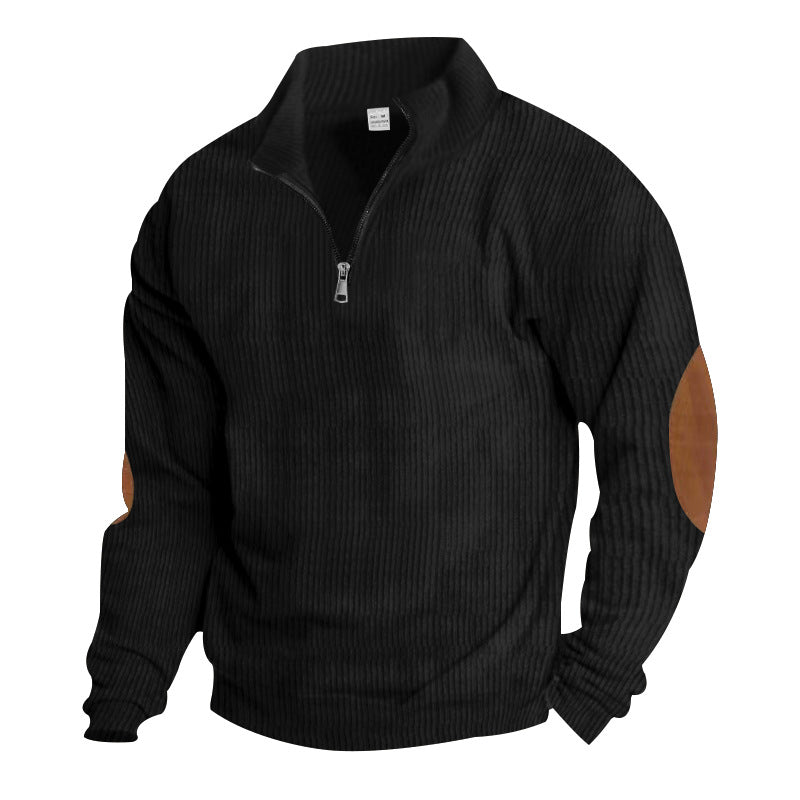 Herren nan gerippter Feinstrick-Pullover mit kurzem Reißverschluss Stehkragen und Lederoptik-Ellbogenpatches R&B