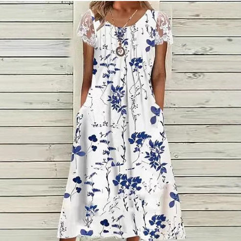 Damen nan luftiges A-Linien-Midikleid mit Spitzenärmeln, Eingrifftaschen und Rundhalsausschnitt R&B