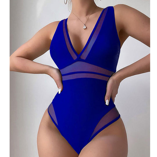 Damen Eleganter Einteiler Badeanzug mit tiefem V-Ausschnitt und transparenten Einsätzen R&B
