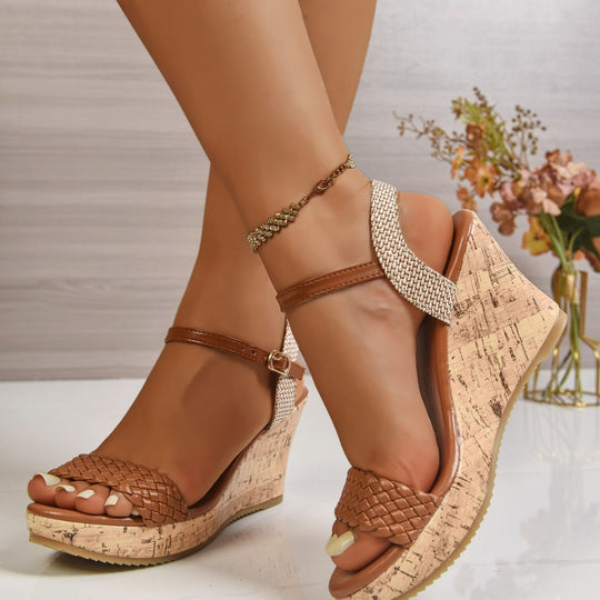 Damen Wedge-Sandaletten mit geflochtenem Riemen und Kork-Absatz R&B