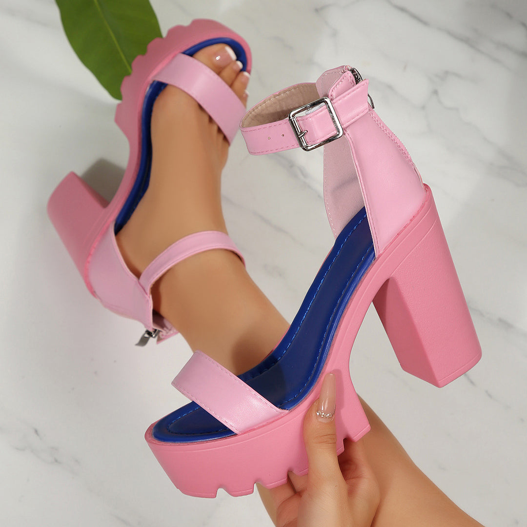 Damen Plateau-Sandalen mit geschwungenem Blockabsatz und verstellbarem Riemen R&B