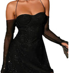 Damen Mini-Kleid mit transparenten Ärmeln und funkelnden Akzenten R&B