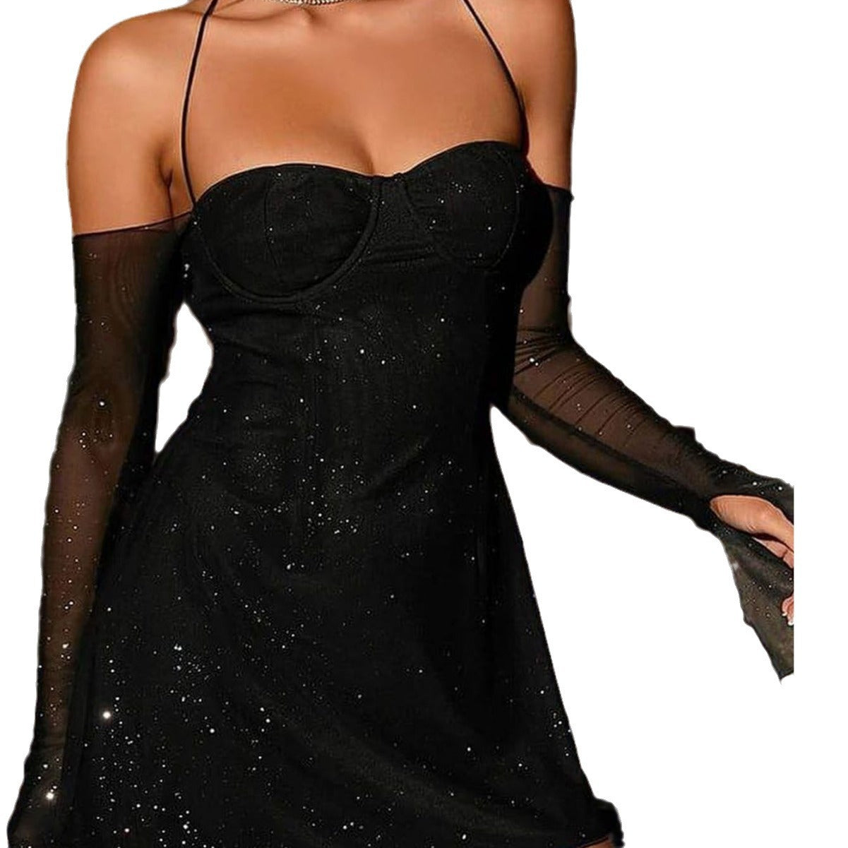 Damen Mini-Kleid mit transparenten Ärmeln und funkelnden Akzenten R&B