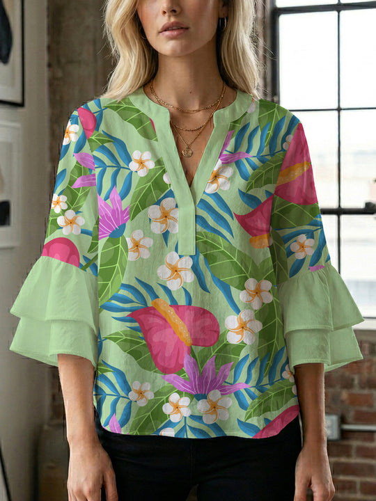 Damen elegantes Blusenshirt mit voluminösen Rüsenärmeln und grafischem Blumendesign R&B