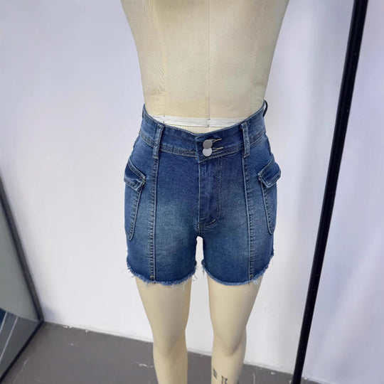 Damen Denim-Shorts mit hohem Bund und aufgesetzten Taschen R&B