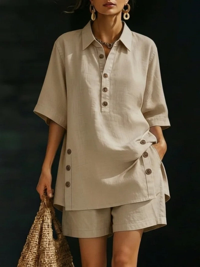 Damen nan luftiges Leinenoptik-Zweiteiler mit Oversize-Hemdbluse, Knopfleiste und Bermuda-Shorts R&B