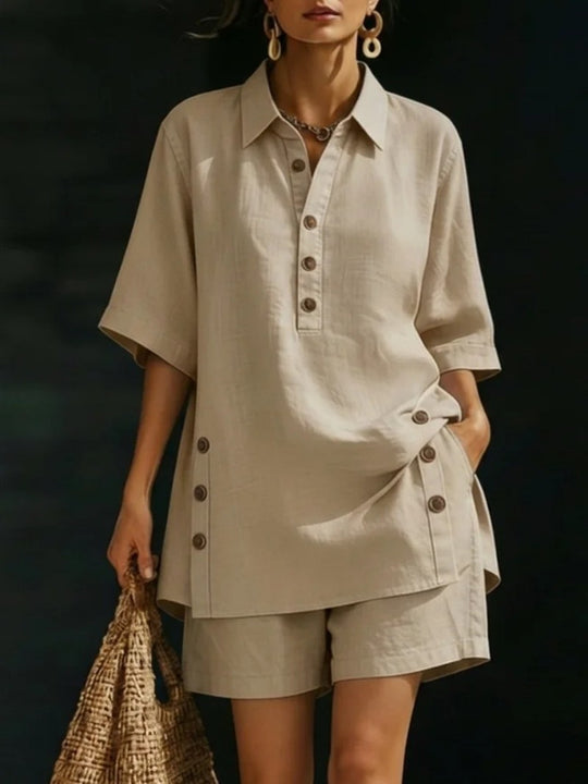 Damen nan luftiges Leinenoptik-Zweiteiler mit Oversize-Hemdbluse, Knopfleiste und Bermuda-Shorts R&B