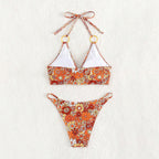 Damen Triangel-Bikini mit floralem Muster und goldenen Ringdetails R&B