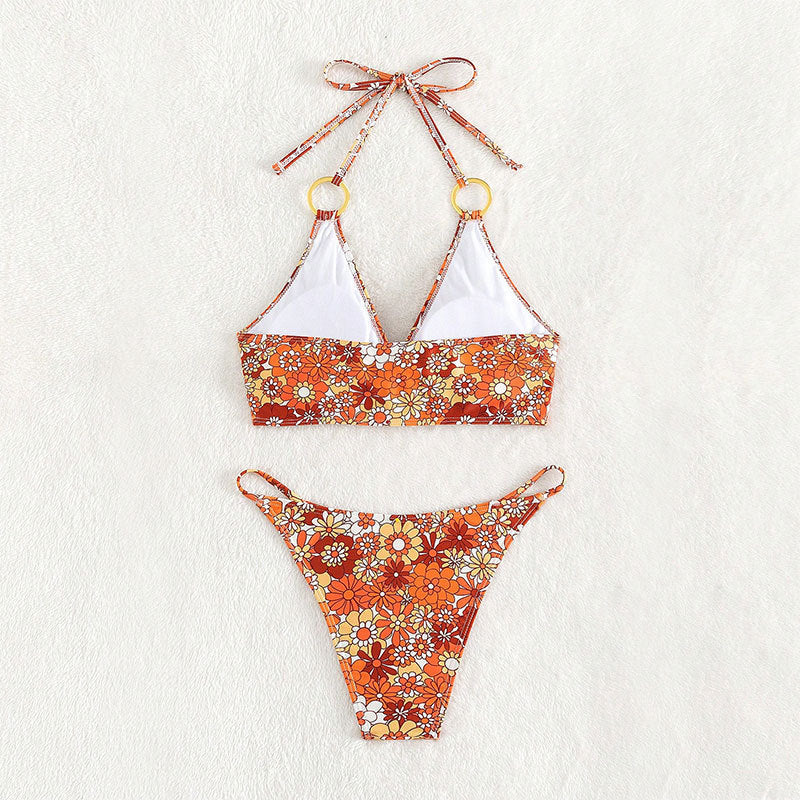 Damen Triangel-Bikini mit floralem Muster und goldenen Ringdetails R&B