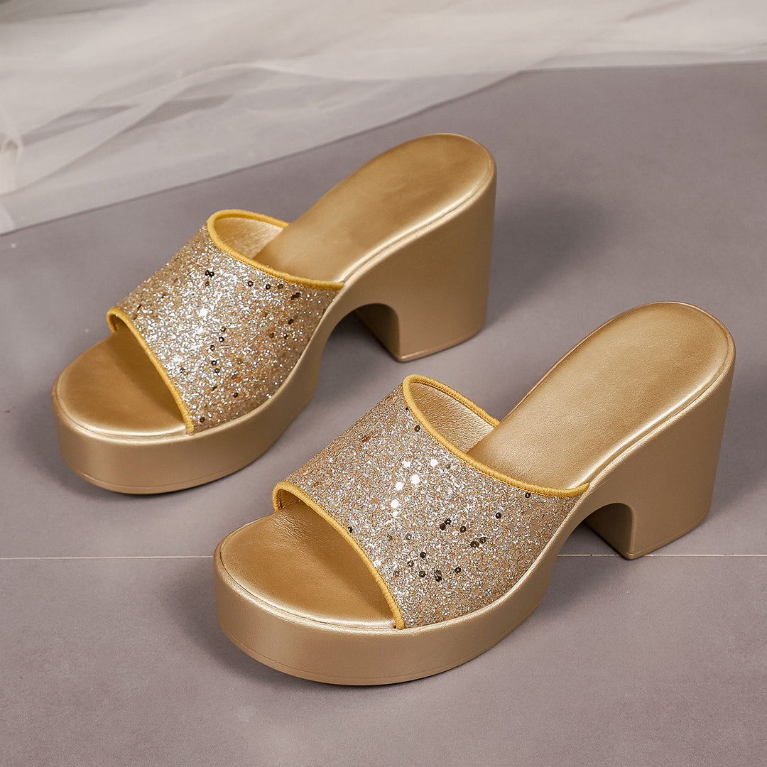 Damen Plateau-Pantoletten mit glitzerndem Obermaterial und bequemem Blockabsatz R&B