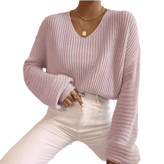 Damen V-Pullover mit weiten Ärmeln und strukturiertem Strickmuster R&B