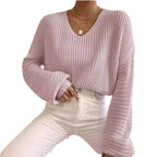 Damen V-Ausschnitt Strickpullover mit weiten Ärmeln R&B