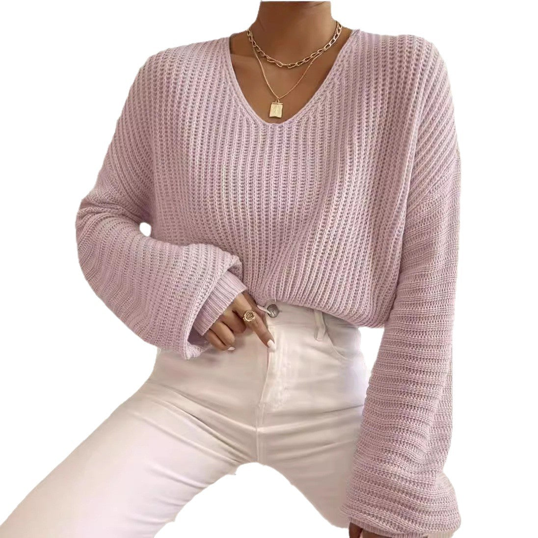 Damen V-Ausschnitt Strickpullover mit weiten Ärmeln R&B
