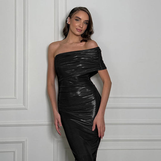Damen schulterfreies elegantes Wickelkleid mit glänzenden Akzenten R&B