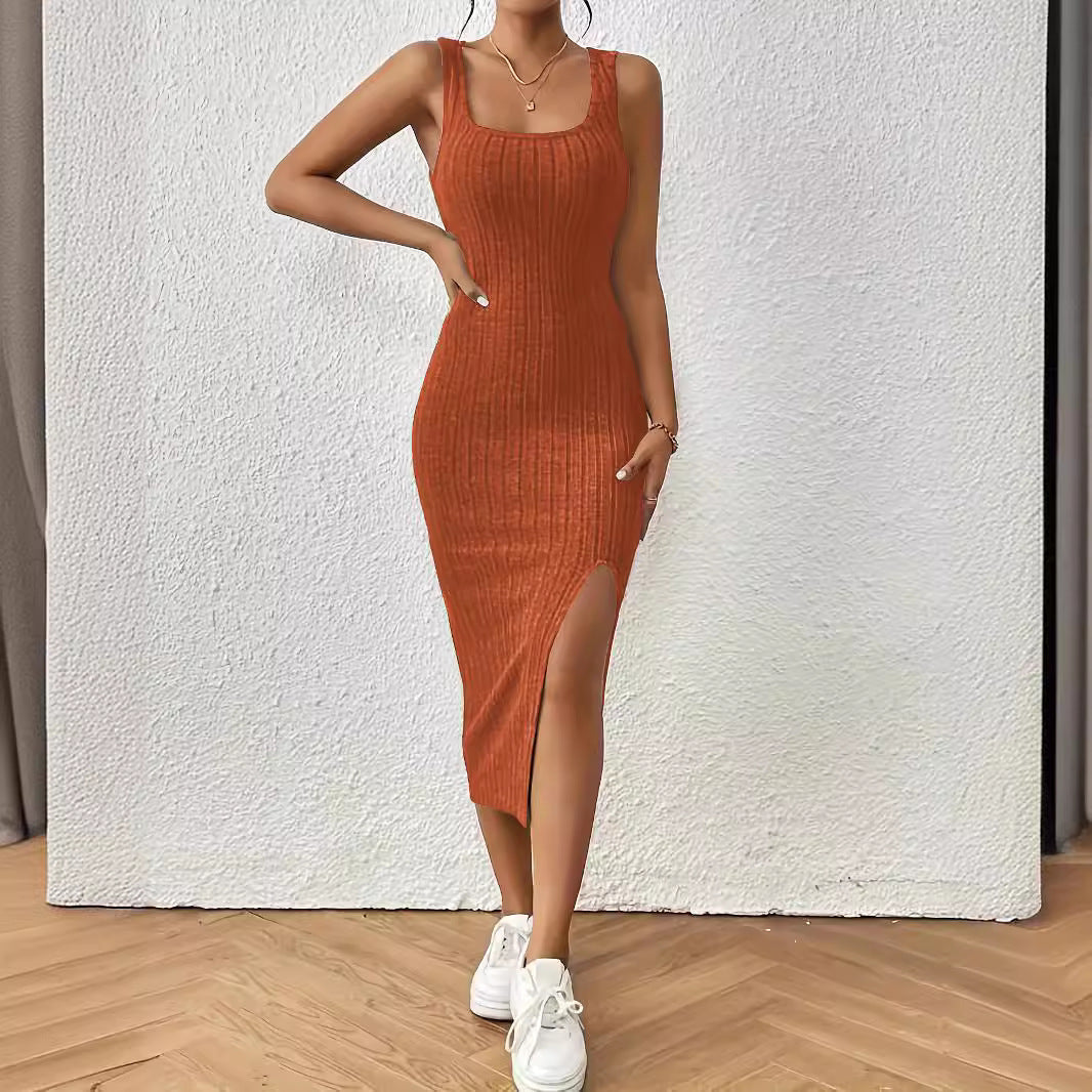 Damen figurbetontes Maxikleid mit hohem Schlitz und dekorativem Rippenmuster R&B