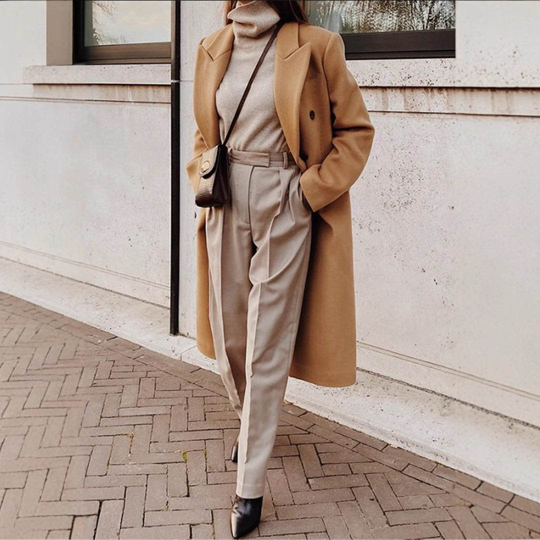 Damen Lange Wolljacke mit doppelter Knopfleiste und breitem Revers R&B