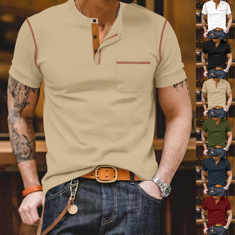 Herren nan urbanes Kurzarmshirt mit Stehkragen, halber Knopfleiste und Brusttasche R&B