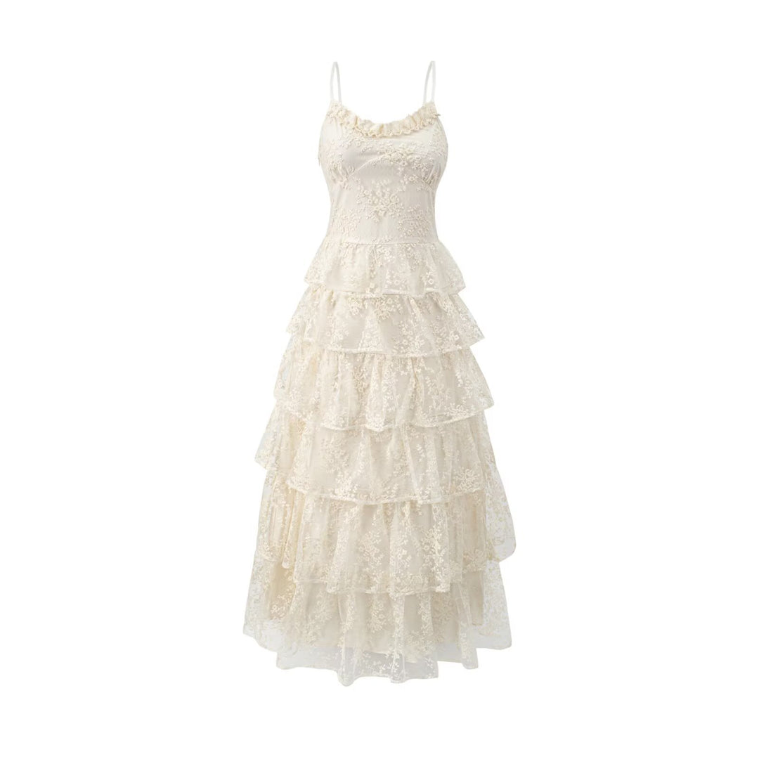 Damen romantisches Spitzenmaxikleid mit voluminösen Rüschenschichten R&B