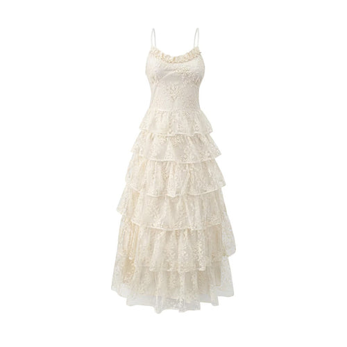 Damen romantisches Spitzenmaxikleid mit voluminösen Rüschenschichten R&B