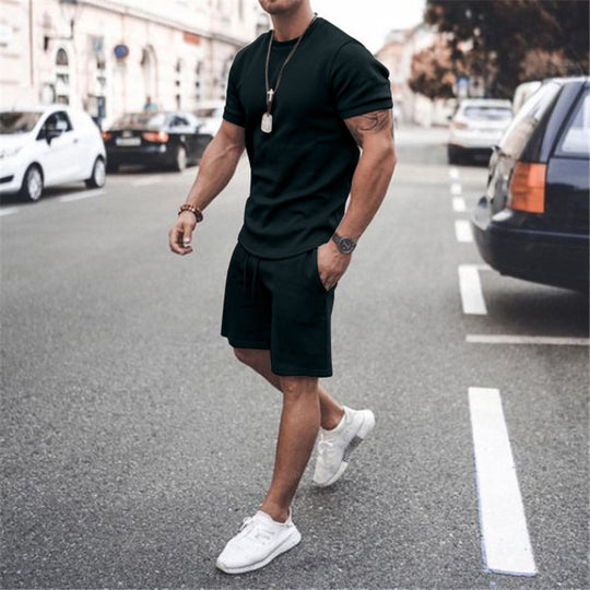 Herren nan figurbetontes Kurzarmshirt mit verstärkter Schulternaht und elastischer Kordelzug-Bermuda aus Stretchjersey R&B