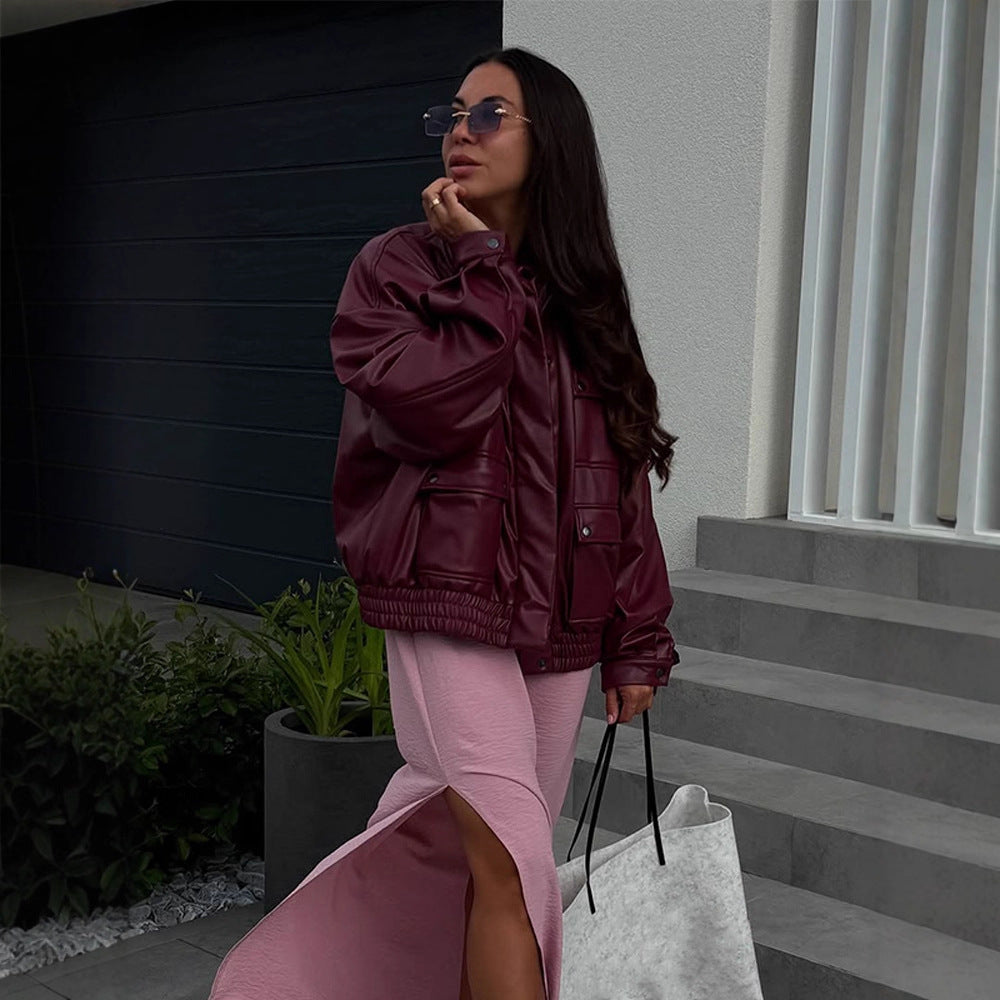 Damen oversized Kunstlederjacke mit funktionalen Taschen und elastischem Bund R&B