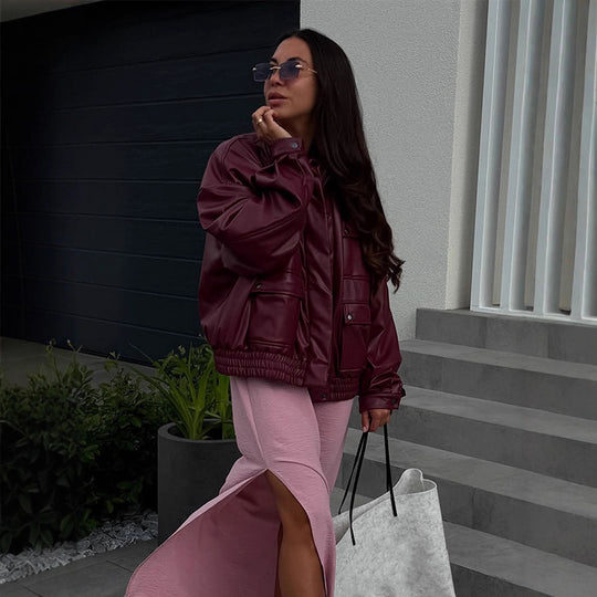 Damen oversized Kunstlederjacke mit funktionalen Taschen und elastischem Bund R&B