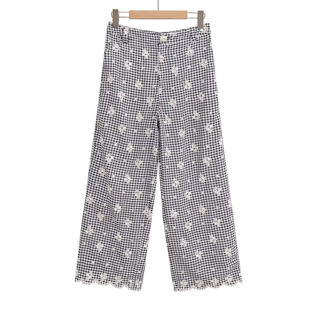Damen weite Karottenhose mit floralem Gingham-Muster und eleganter Kantenverzierung R&B