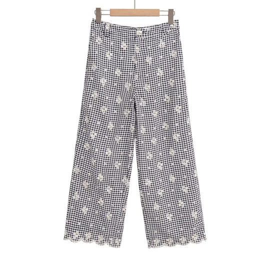 Damen weite Karottenhose mit floralem Gingham-Muster und eleganter Kantenverzierung R&B