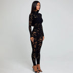 Damen Figurnahes Netz-Jumpsuit mit langem Arm und hohem Kragen R&B