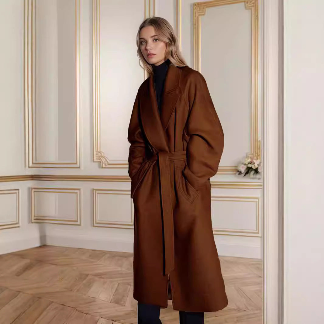 Damen eleganter langer Mantel mit breitem Revers und Gürtel R&B