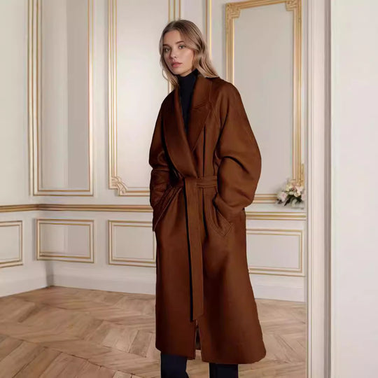 Damen eleganter langer Mantel mit breitem Revers und Gürtel R&B
