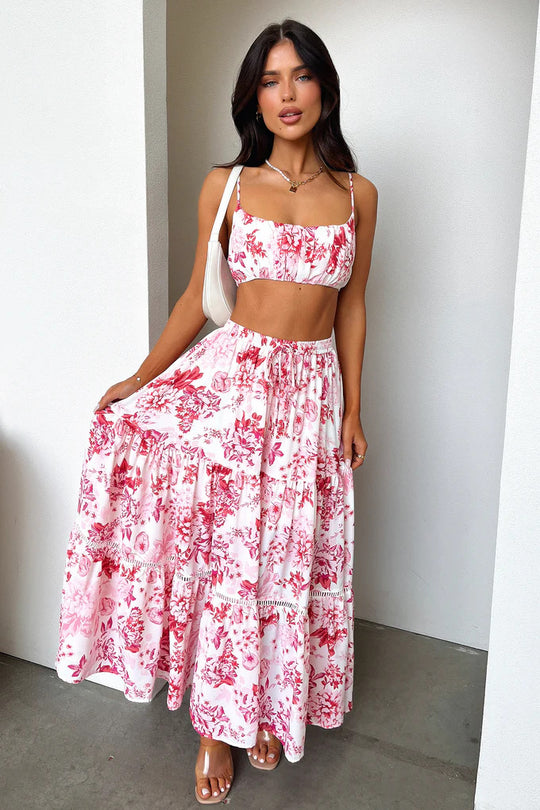 Damen Zweiteiliges Sommeroutfit mit floralem Top und Maxi-Rock R&B