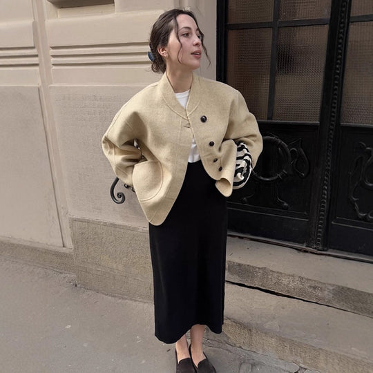 Damen lässige Wolljacke mit Knopfdetails und voluminösen Ärmeln R&B