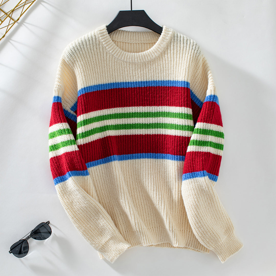 Damen lockerer Strickpullover mit buntem Blockstreifen und Rundhalsausschnitt R&B