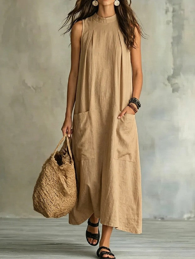 Damen nan ärmelloses Leinen-Maxikleid mit Stehkragen, Brustfalten und aufgesetzten Taschen R&B
