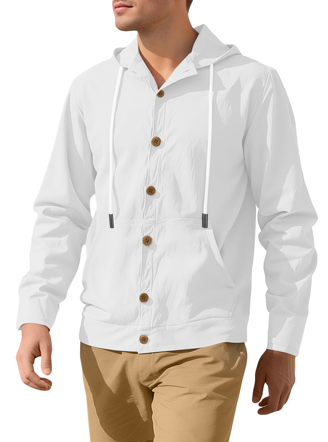 Herren nan leichte Kapuzenjacke mit Knopfleiste, Kängurutasche und Tunnelzug R&B