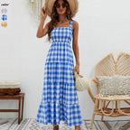 Damen Maxikleid mit Karo-Muster und elastischem Oberteil R&B
