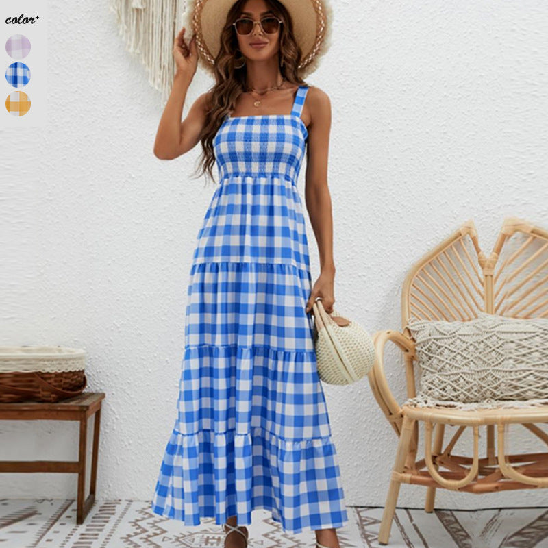 Damen Maxikleid mit Karo-Muster und elastischem Oberteil R&B