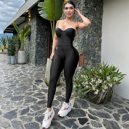Damen Figurbetonter Jumpsuit mit Bügelfalten und trägerlosem Design R&B