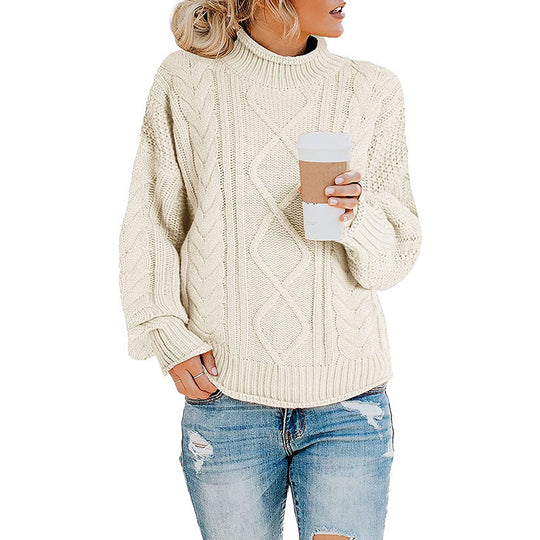 Damen Grobstrickpullover mit hohem Kragen und Zopfmuster R&B