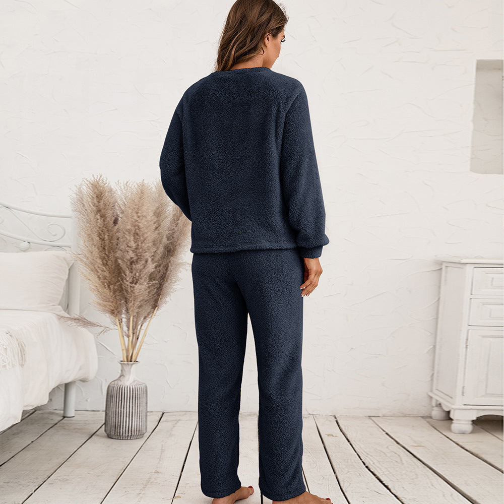 Damen Kuscheliges Fleece-Pyjama-Set mit langen Ärmeln und bequemen Hosen R&B
