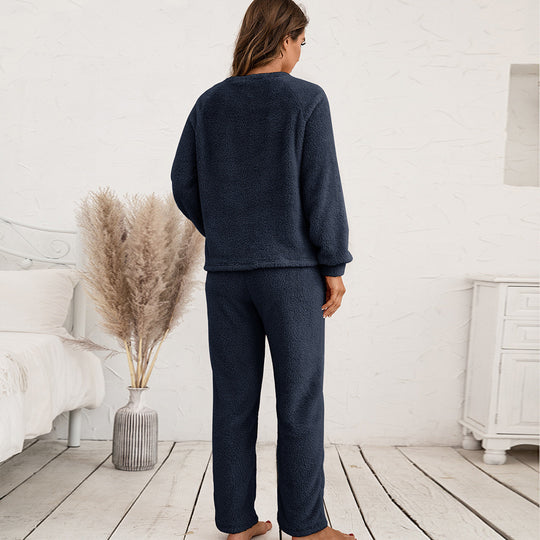 Damen Kuscheliges Fleece-Pyjama-Set mit langen Ärmeln und bequemen Hosen R&B