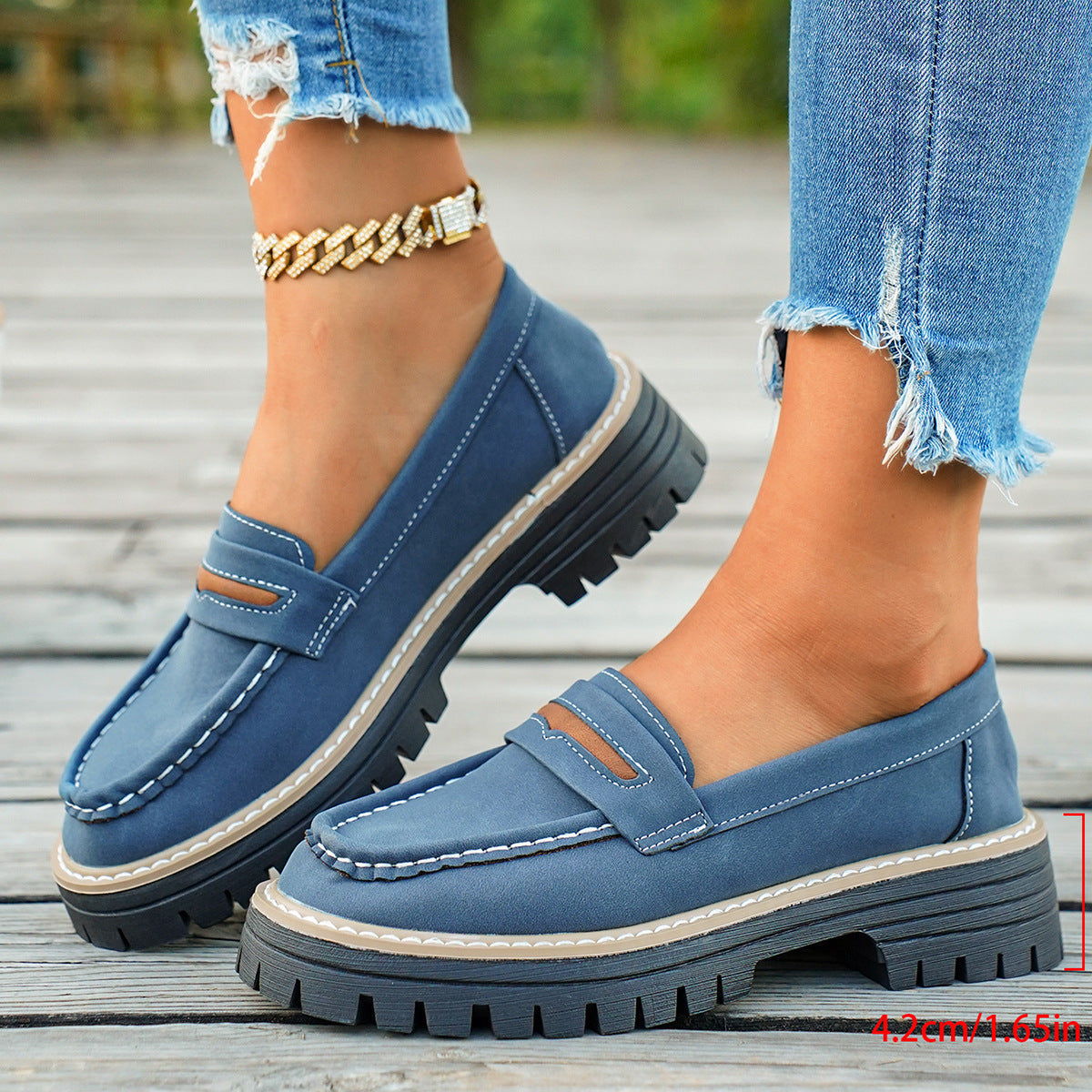 Damen Chunky Loafers mit rutschfester Sohle und dekorativem Riemen