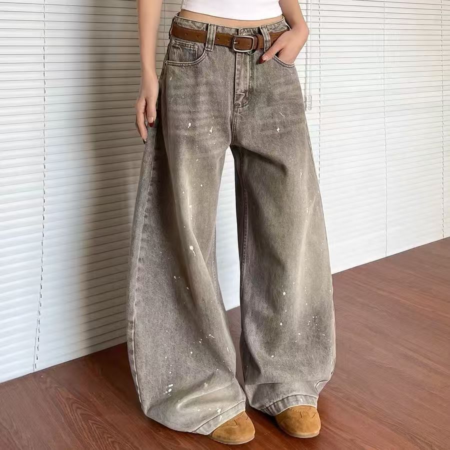 Damen weite Jeanshose im Vintage-Stil mit lässigem Schnitt und kreativen Farbdetails R&B